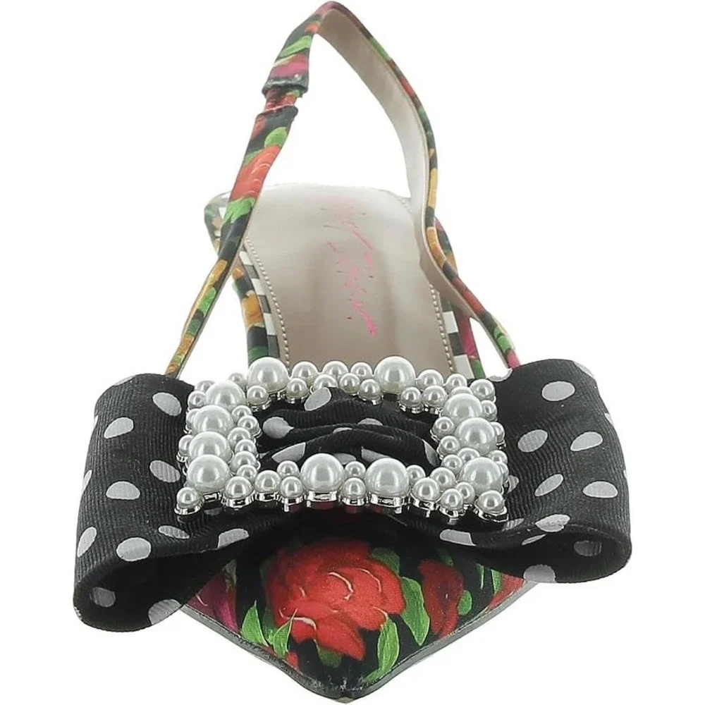 Betsey Johnson Floral Polka Dot Pearl Bow Slingback Kitten Heel Pumps Womens 8M